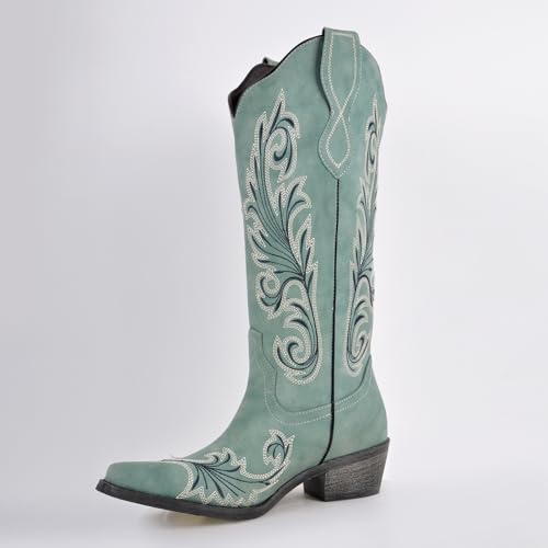 Richealnana Women's Western Cowboy Block Heel Embroidered Pull On Boots2