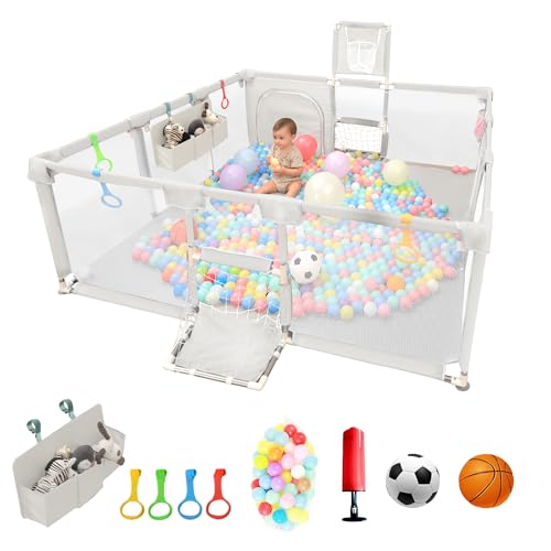 Image of Playpen for Babies and Toddlers,73"x71"Baby Playpen with Mat Indoor＆Outdoor with Breathable Play Pen with Ocean Balls Hanging Pocket Basketball Hoop and Football Goal (Lighr Grey, 73"x71")