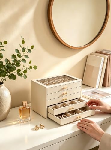 Lolalet Earring Organizer, Jewelry Box with Clear Lid -Beige, 5 Layer - 1