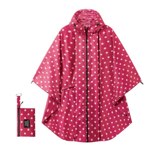 Rian c0de731 Hooded Rain Ponchos for Adult - Rain Coat and Rain Jacket with Waterproof Pocket and Zipper Suitable for Camping, Hiking, Travelling, Red Dot