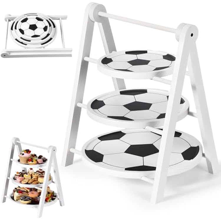 Marsui 3 Tier Soccer Ball Serving Trays Wooden Shaped Soccer Stand Platters 12'' 10'' 8'' Round Charcuterie Plate Board Reusable Party Serving Plate for Game Tailgate Party Supplies