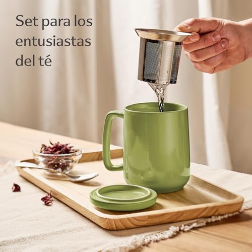 Miniatura 2 de Cosumy Taza De Te Con Filtro Y Tapa 500ml - Ceramica Verde Matcha - Mantiene Caliente La Infusion - Apta Para Lavavajillas
