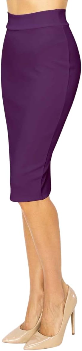 Women's Elastic High Waist Knee Length Stretch Bodycon Midi Pencil Skirt