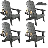 FOOWIN Folding Adirondack Chair Set of 4, HDPE Adirondack Chairs with Cup Holder, Weather Resistant Plastic Fire Pit Chairs for Outdoor, Patio, Lawn, Garden, Backyard, Deck, Grey