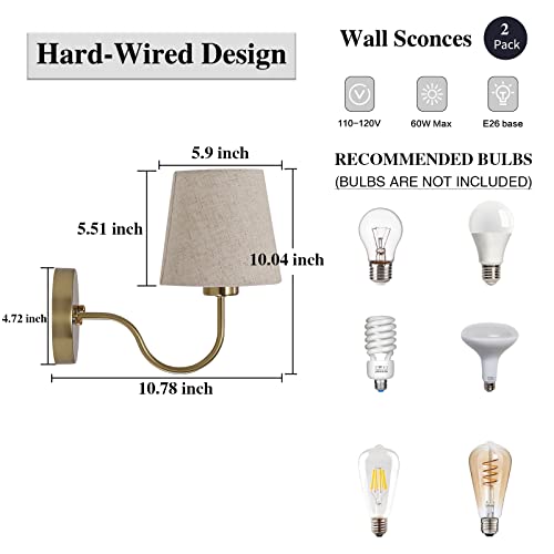 Image of LASENCHOO Gold Wall Sconces Set of Two, Modern Sconces Wall Lighting Vintage Wall Light Fixtures with Fabric Lampshade, Bedside Wall Lamps for Bedroom Living Room Hallway Entryway
