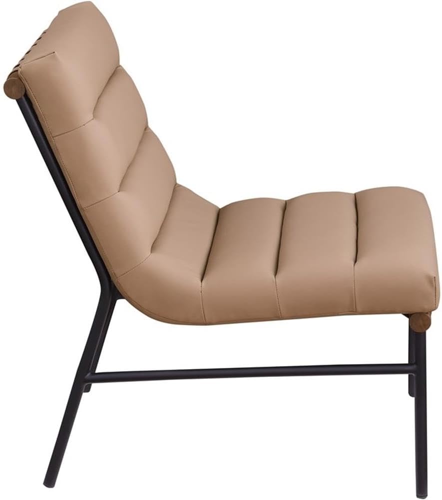 BOWERY HILL Contemporary Vegan Leather Accent Chair, 24.5" W x 29.5" D x 31.5" H, Soft Tan Upholstery, Channel Tufted Cushion, Matte Black Metal Frame, Walnut Wood Veneer Dowel, Casual Living Room