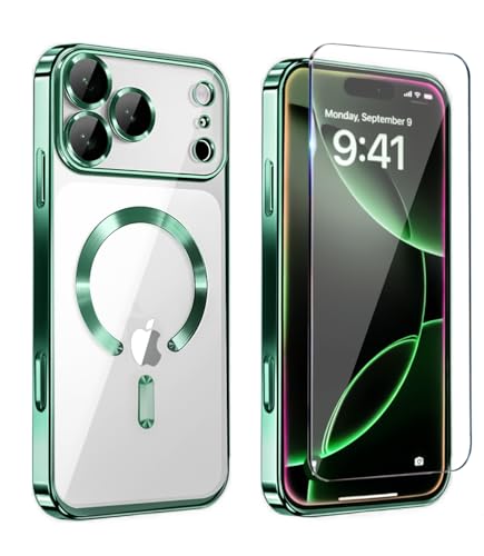 Image of Magnetic Glossy Case for iPhone 17 Pro,iPhone 17Pro Phone Case Slim Clear Luxury with Screen Protector & Camera Protector [Compatible with MagSafe], Shockproof Cover for iPhone Pro 17-Green