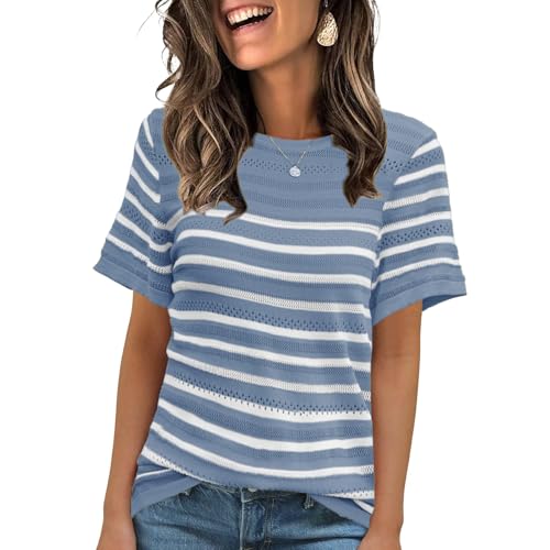 Image of ANCAPELION Women's Short Sleeve Sweater Top Striped Knit Crew Neck Pullover for Summer Trendy Shirts
