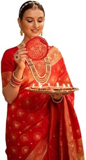 Ethnic Junction Women's Paithani Silk Blend Woven Saree With Blouse Piece (Red)