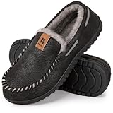 HomeTop Men's Moccasin Slippers Soft Faux Suede Plush Warm Lining Memory Foam Indoor House Shoes with Anti-Skid Sole (12, Black)