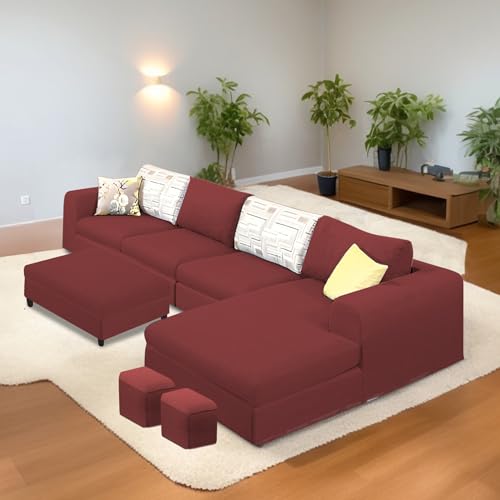 Image of Koza RHS 8 Seater L Shape Sofa Set with Center Table for Living Room (Maroon Fabric) Premium Fabric Sofa