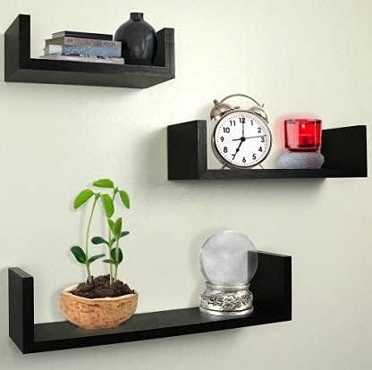 Image of Wooden Wall Mounted Shelf for Home Office, Decoration (Number of Shelves - 3) (Black)