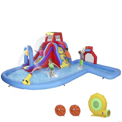AIYAPLAY Castillo Hinchable Acuático con Soplador 550W 6 en 1 Castillo Hinchable para Niños con Tobogán Pared de Escalada Piscina Aro de Baloncesto Portería de Fútbol Exterior Interior 470x445x205 cm