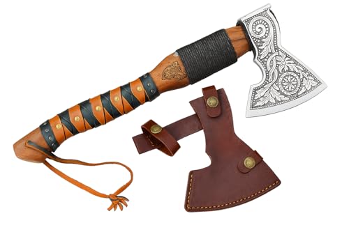 Novahaven Falkir – Hacha de lujo forjada a mano al aire libre de acero inoxidable con grabado, mango de palo de rosa y funda de cuero – Hacha de camping estilo vikingo, hacha de bushcraft, idea de