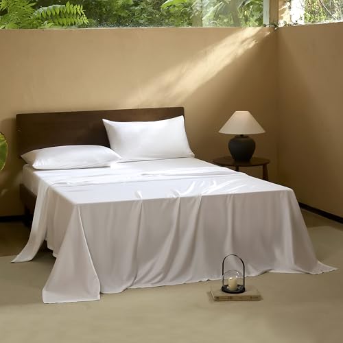 Image of EVERLY Queen Sheets Set,Luxuriously 400 Thread Count Organic Viscose Derived from Bamboo Bed Sheet,Cooling Sheets for Queen Size 4 Piece Deep Pockets Bedding Sheets &Pillowcases-White