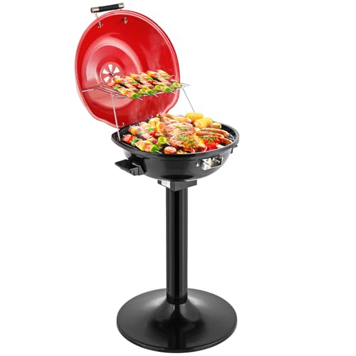 ROVSUN Vertical Electric Grill with Cover, Detachable Pull-out Drip Tray, Double Layer Design, 304 Stainless, Portable Removable, Perfect for Indoor and Outdoor Use, 1600W, Red