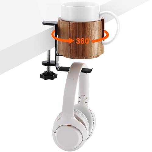 Nnewvante Desk Cup Holder, 2 in 1 360° Rotating Headphone Hanger Under Desk, 360° Anti-Spill Cup Holder, Table Cup Holder for Water Bottles, Gaming Desk Accessories - Acacia Wood