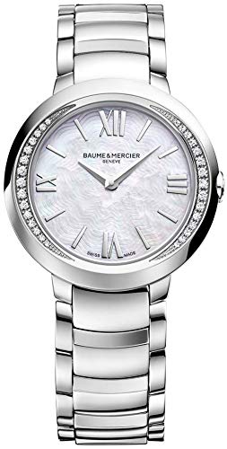 Baume & Mercier Promesse Womens Stainless Steel Diamond Watch - Classic 30mm Analog Mother of Pearl Face Ladies Watch with Sapphire Crystal - Swiss Made Quartz Luxury Dress Watches For Women 10160