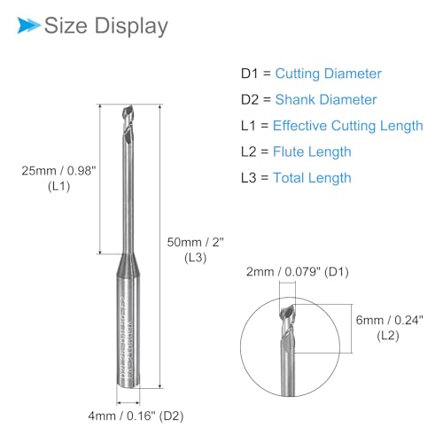 CoCud Vierkantfräser, 2mm x 25mm Schneiden, Langhals Hartmetall 2 Flöten CNC-Fräser - (Anwendungen: für Aluminium, Kupfer, Metall, Kunststoff, Holz)