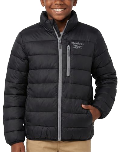 Reebok Boys Puffer Jacket - Midweight Quilted Insulated Winter Coat - Water and Wind Resistant Winter Jacket for Boys, Size 8, Black