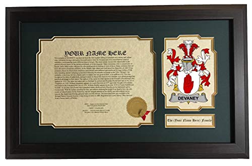 Devaney - Coat of Arms and Last Name History, 14x22 Inches Matted and Framed