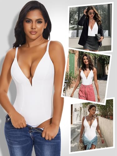Image of SHAPERIN Bodysuit for Women Shapewear Tummy Control Deep V Neck Plunge Sleeveless Backless Thong Body Suit Tank Top