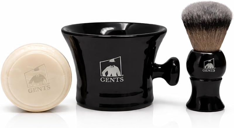 Kit de barbear masculino GENTS G.B.S com pincel sintético, caneca de cerâmica e sabonete para barbear — Pacote com 3 peças
