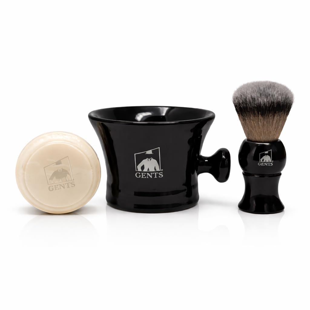 GENTS Men's Wet Shaving Black Set - Pack of 3 Piece- Synthetic Hair Shaving Brush, Ceramic Mug and 97% All Natural Shaving Soap Compliments for any Shaving Razor