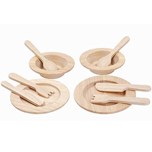 ASA Toys- Platos y Cubiertos Naturales Plantoys, Color Madera, 2+ (PT3414)