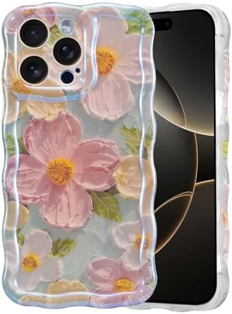 T Tersely for iPhone 16 Pro Case for Women Girl Oil Painting Flowers Laser Beam Glossy Pattern Waves Border Cover Silicone Shockproof Phone Case (Green, iPhone 16 Pro)