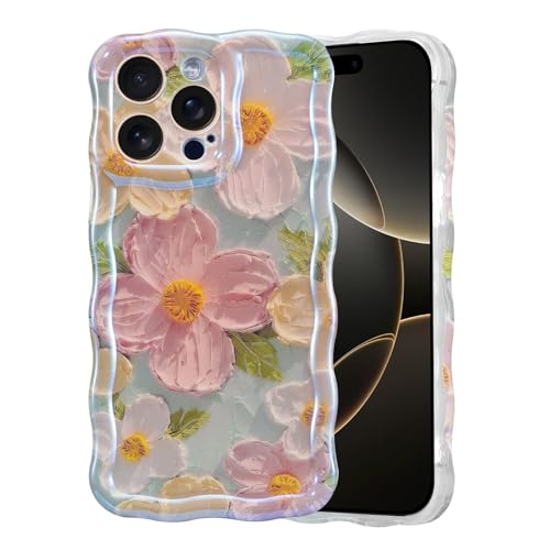 T Tersely for iPhone 16 Pro Case for Women Girl Oil Painting Flowers Laser Beam Glossy Pattern Waves Border Cover Silicone Shockproof Phone Case (Green, iPhone 16 Pro)