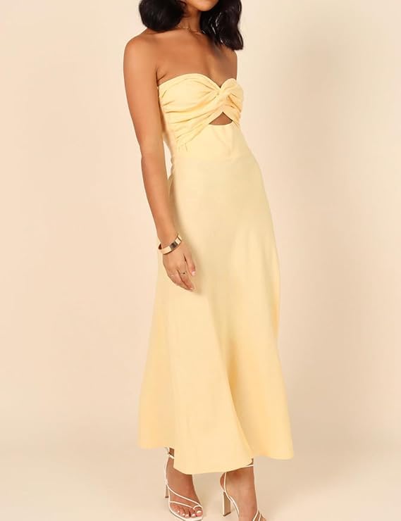 Image of Women Strapless Twist Front Midi Linen Cutout Wedding Guest Dress | Sexy,Sweetheart Neckline,Tube,Long,2026 Summer,Vacation,Formal,Cocktail,Bridesmaid,Party,Baby Shower,Beach,Elegant,Evening