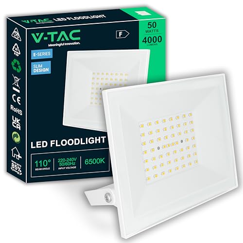 V-TAC Projecteur LED Extérieur 50W Blanc - [E-SERIES - High Performance] - IP65 – 4000 Lumen – Lampe Étanche pour Maison, Jardin, Garage, Entrepôt - Lumière Blanc Neutre 4000K