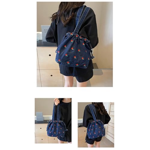 Women Denim Shoulder Bag Embroidered Cherry Underarm Bag Drawstring Handbag Jean Commuting Shopping Bag3