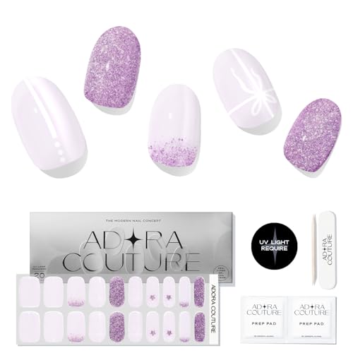 Adora Couture Semi Cured Gel Nail Strips with 20 Pieces - UV Gel Stickers, Manicure Kit, Easy Application Wraps Includes Prep Pads, Nail File, Wooden Stick - UV Light Required (Purple Dreamy)