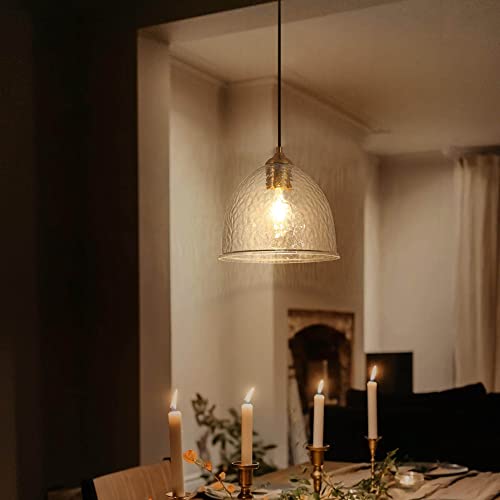 Uolfin Pendant Lighting For Kitchen Island，Modern Gold Glass Chandelier With 10.6” Large Water Ripples Clear Glass Shade For Dining Room, Kitchen Island, Bar, Hallway #TOP3