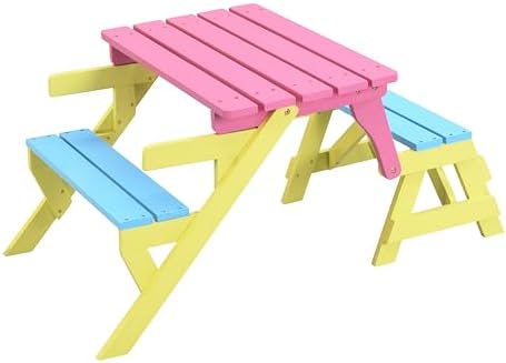 Kids Picnic Table 2 Bench 3-in-1 Set, Child Wooden Outdoor Activity Table & Bench Set for 1-2 Child, Kids Outdoor Table Bench Set for Backyard, Garden, Lawn, Yard, Wooden Table Chairs set for 3+ Child