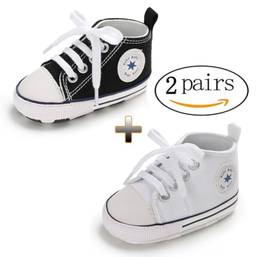 Image of Unisex Baby Boys Girls Shoes, Newborn Infant Non-Slip Canvas Denim High Top Sneakers, Toddler First Walkers Shoes