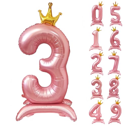 42 Inch Pink Number Balloon with Base Standing Number 3 Balloon with Crown Pink Crown Balloon 0-9 Giant Foil Helium Balloons for Birthday Party Decorations Supplies