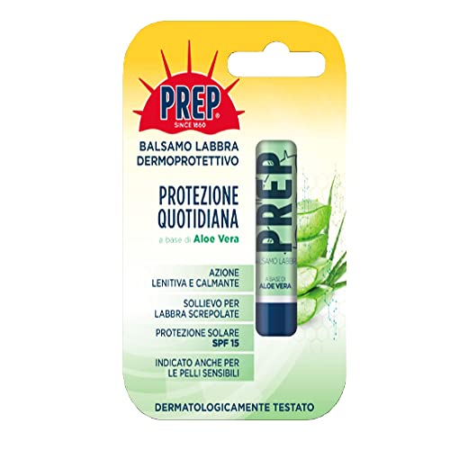 Prep, Balsamo Labbra Protezione Quotidiana, a Base di Aloe Vera, Burro di Karité e Vitamina E, con Protezione Solare SPF 15, per Labbra Screpolate, Azione Lenitiva e Idratante, Formato 4.8 g