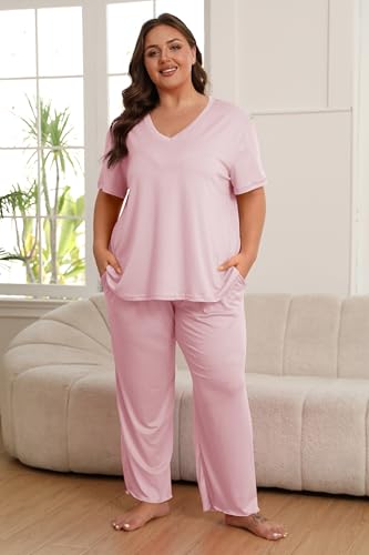 Image of Vozanet Women's Plus Size Pajama Sets Short Sleeve Long Pants Solid Color with Piping Trim Elegant Loungewear Cozy Sleepwear