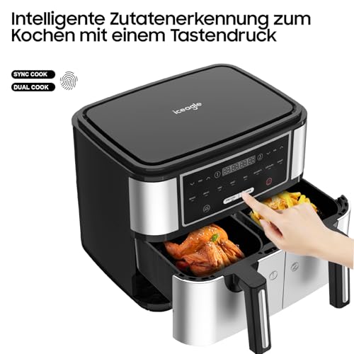 Foto von Dual Zone Heißluftfritteuse Doppelkammer 10L - Heissluftfritteuse XXL Doppelt mit 8 Programmen | Airfryer mit 2 Körben, Friteuse Heissluft ohne Öl, Vorheizen&Warmhalten, 2600W