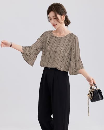 YAMANMAN Women Ruffle Short Sleeve Blouse Round Neck Printed Chiffon Shirt Wrinkle-Resistant Top Casual Loose Fitted Brown — view 3