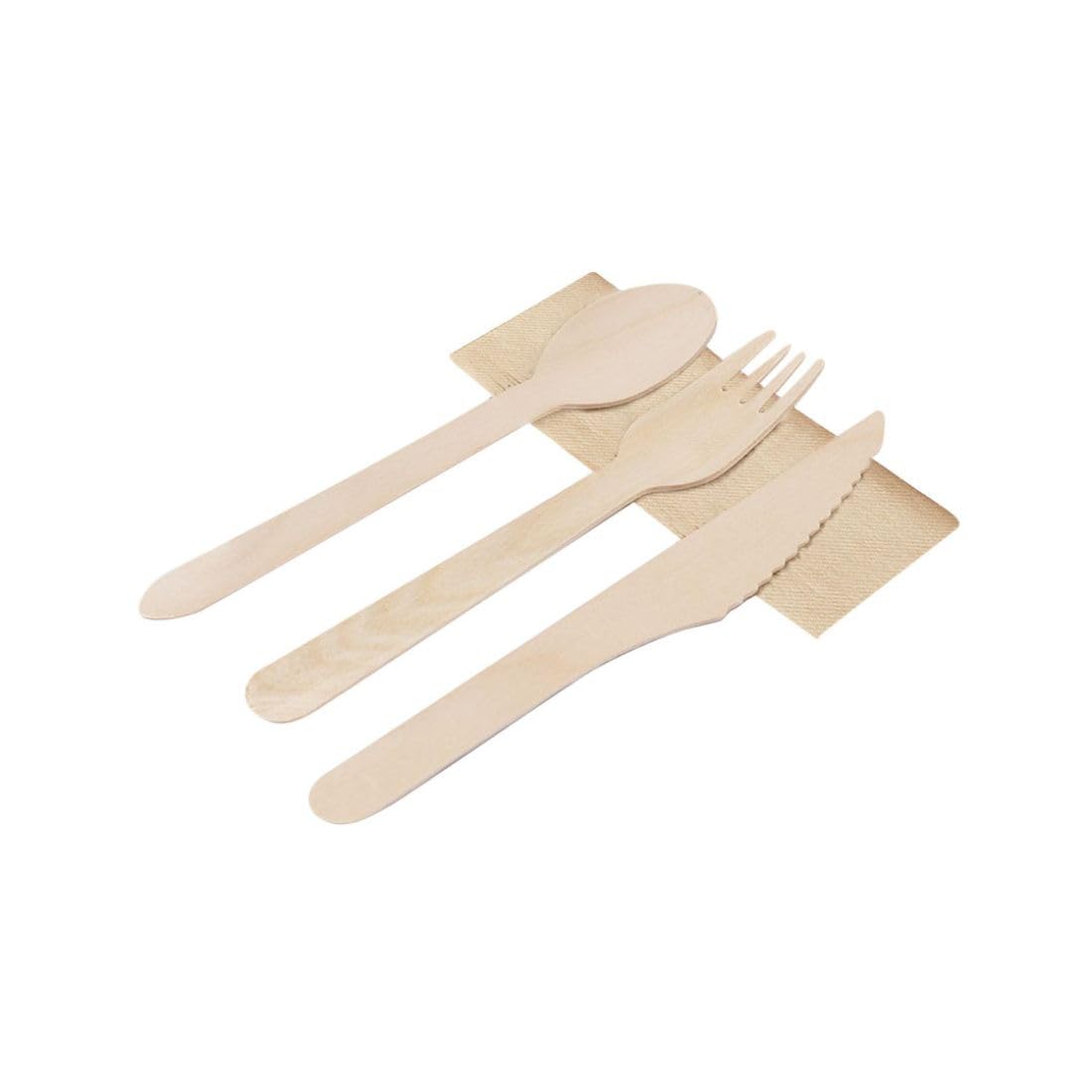 Pack 250 Sets de Cubiertos Desechables Ecológicos de Madera | Cuchara Tenedor Cuchillo y Servilleta | Cubiertos Take Away para Hostelería y Eventos
