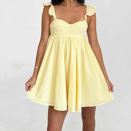 Image of Women Y2k Tie Shoulder Mini Dress Sleeveless Flowy Babydoll Dress Boho Floral Aline Short Sundress