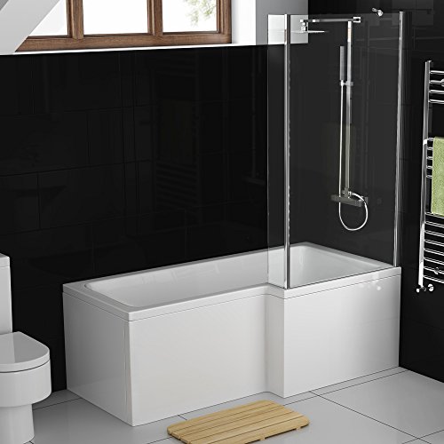 Image of 1700 mm Right Hand L-Shaped Modern Shower Bath with Glass Shower Screen + Panel BL216