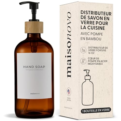 MaisoNovo Distributeur Savon Verre Salle De Bain Lot de 1 - Ambre Distributeurs De Savon avec Pompe Noir Bambou