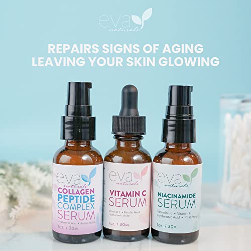 Natural Firm & Glow Skincare Set Of 3 Serums – Skin Care Products With 20% Vitamin C Serum, Peptide Complex Serum, Niacinamide Vitamin B3 Serum - Peptides Serum For Face - Face Serum By Eva Naturals #TOP5