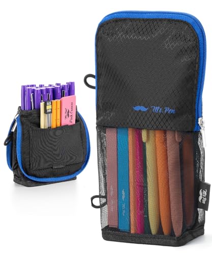 Mr. Pen- Standing Pencil Case Pouch, Sit & Lay Mesh-View Design, Black with Blue Zipper, Interior Pocket & 2 Elastic Binder Loops, Cute Pencil Case for Girls and Boys