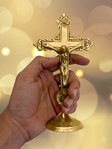 Genieland 6.6 Inch Antique Brass Jesus Crucifix For Catholic Church Alter. Gold Finished Chapel Standing Ornate Tabletop Cross For Office And Home Decor Housewarming Return Gift Item Bulk #TOP1